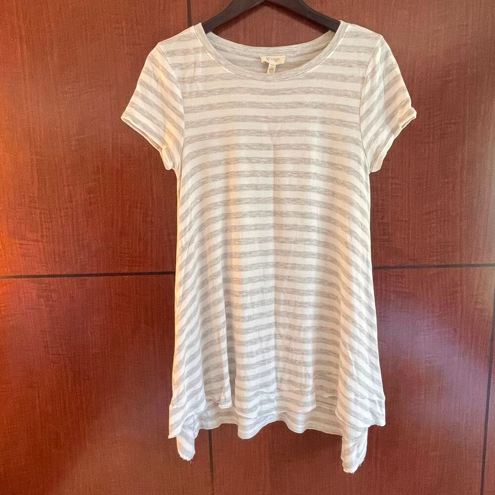 Greige Womens Medium M Striped Handkerchief Hem Tunic Swing Top Grey White - Picture 2 of 8